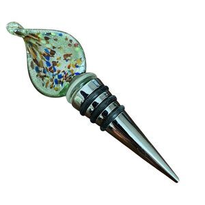 Wine Bottle Stopper Fused Multi-Color Art Glass on Green Decanter Replacement